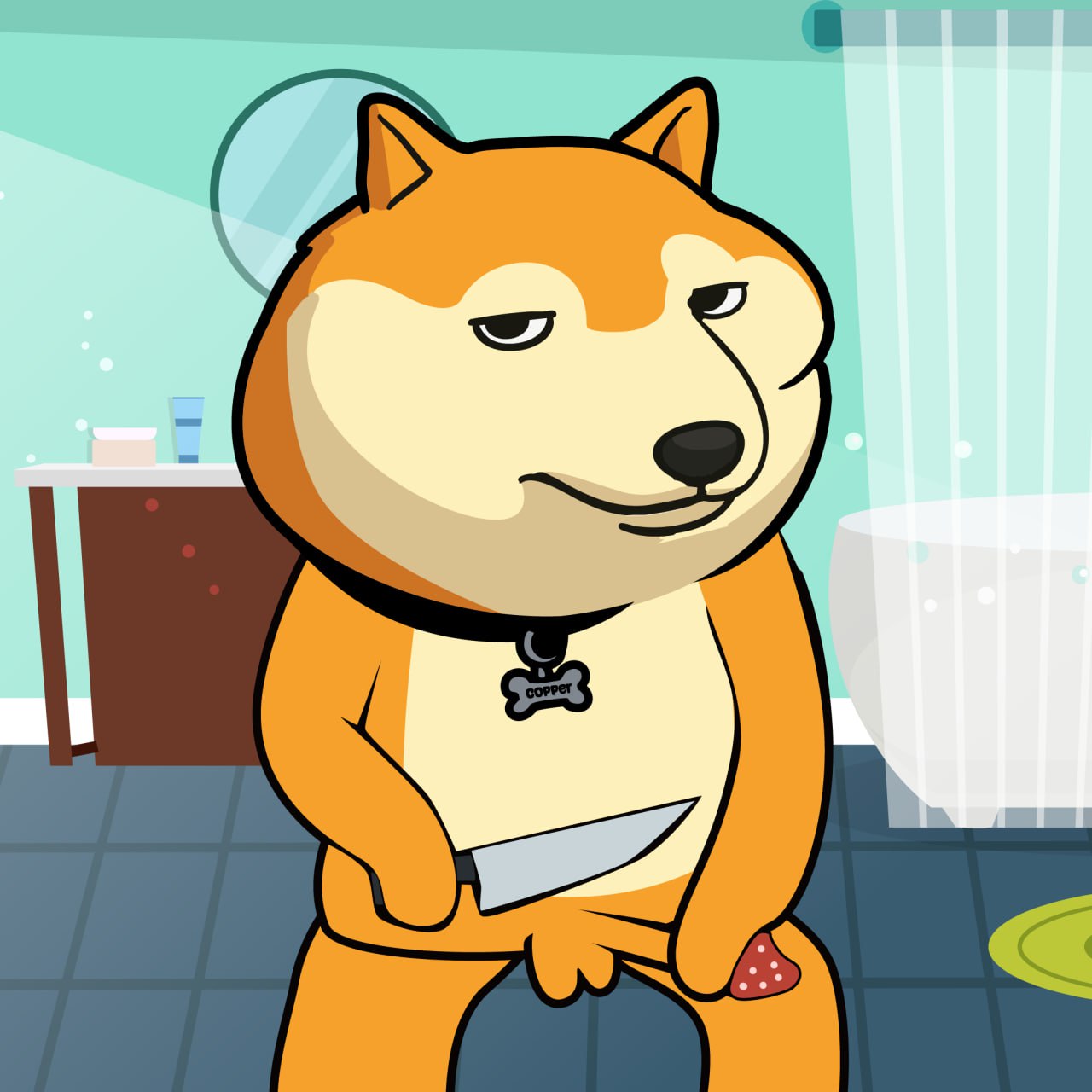 Copper in bathroom with phone