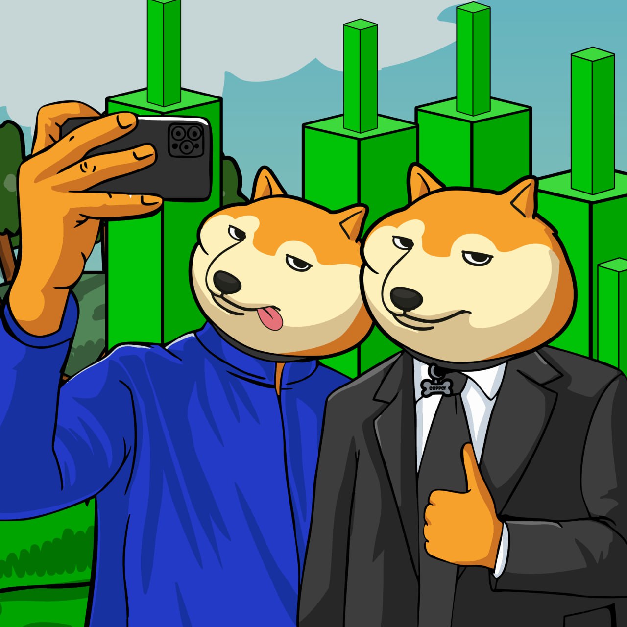 Copper dogs taking selfie with charts